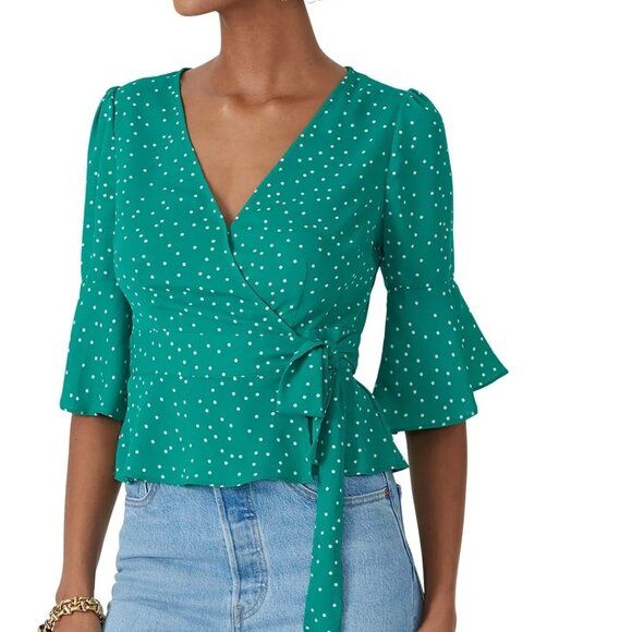 BB DAKOTA - Bright Green & White Polka Flared Sleeve Wrap Blouse Size Small - Picture 6 of 9